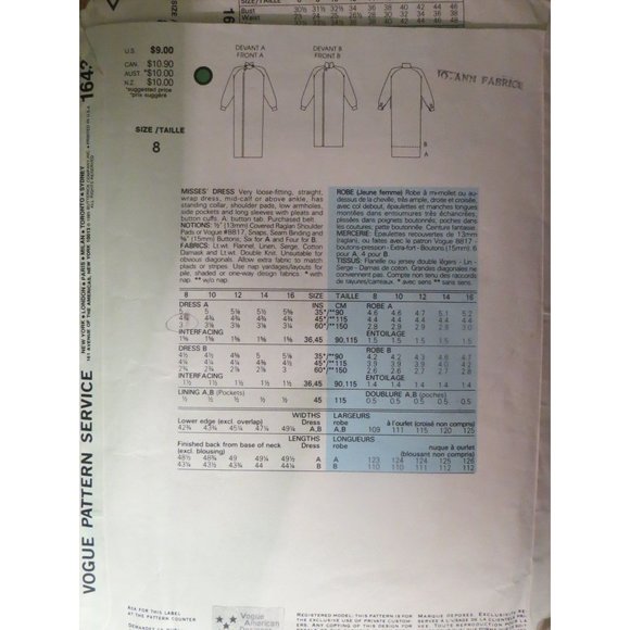 Uncut 1985 Vtg VOGUE Ralph Lauren Pattern 1643 Misses Size 8 Dress NOS Designer - Picture 2 of 2